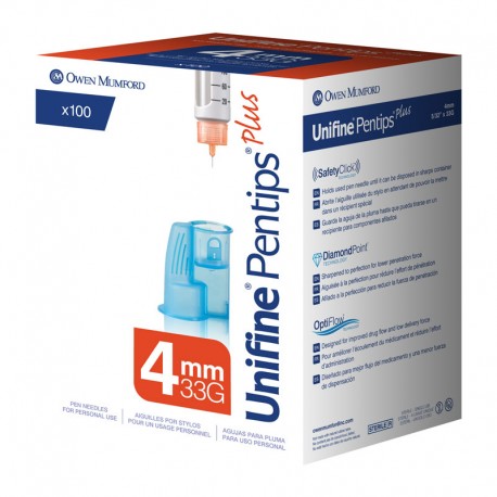  Owen Mumford Unifine Pentips Plus 33G 4mm 100 Count- Diabetesteststripswholesale