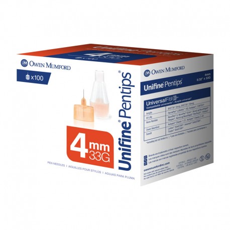 Owen Mumford Unifine Pentips 33G 4mm 100 Count- Diabetesteststripswholesale