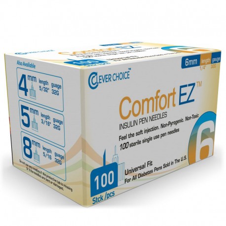 Clever Choice ComfortEZ Insulin Pen Needles 32G 6mm Pack of 6 - Box of 100- Diabetesteststripswholesale