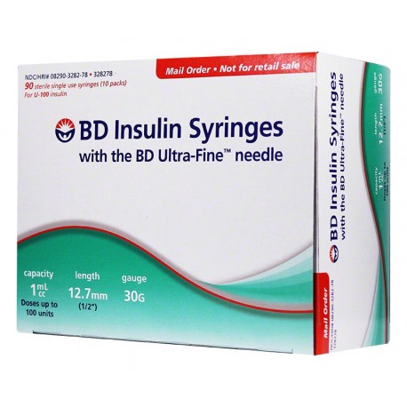 BD Ultra Fine Insulin Syringes 30 Gauge 1cc 1/2" Box of 90- Diabetesteststripswholesale