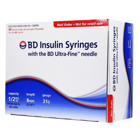 BD Ultra-Fine Insulin Syringes Short Needle 31G 1/2cc 5/16" 90ct- Diabetesteststripswholesale