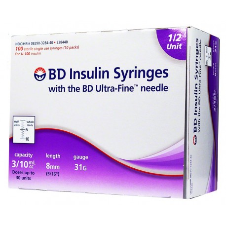 BD Insulin Syringes 31g 8mm 3/10cc 1/2 Unit Markings 100 Count- Diabetesteststripswholesale