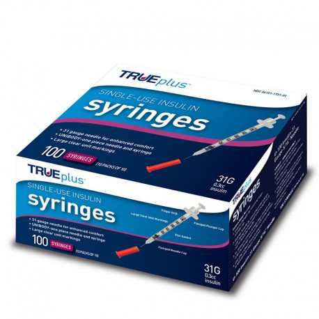 TRUEplus U-100 Insulin Syringes 31G 3/10cc 5/16" 100/box Case of 5- Diabetesteststripswholesale