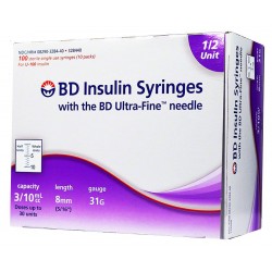 BD U-100 Insulin Syringes 31g 8mm 3/10cc 1/2 unit markings 100/bx 5-Case