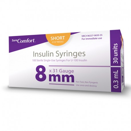 SureComfort U-100 Insulin Syringes 31G 3/10cc 5/16" 100/bx- Diabetesteststripswholesale