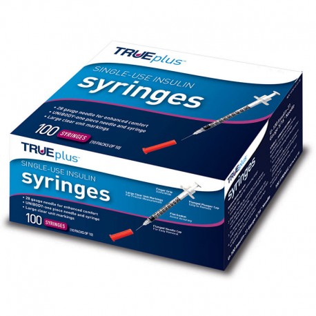 TRUEplus U-100 Insulin Syringes 28G 1cc 1/2" 100/box Case of 5- Diabetesteststripswholesale