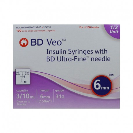 BD Veo Syringes 31g 3/10cc 6mm Half Unit Markings 100 Count- Diabetesteststripswholesale