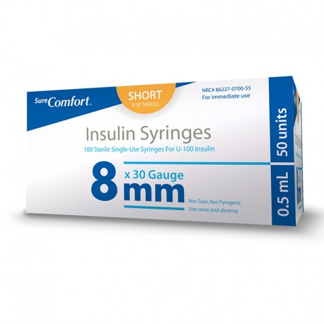 SureComfort U-100 Insulin Syringes 30G 1/2cc 5/16" 100/bx- Diabetesteststripswholesale