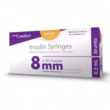 SureComfort U-100 Insulin Syringes 30G 3/10cc 5/16" 100/bx- Diabetesteststripswholesale