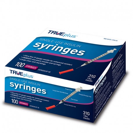 TRUEplus U-100 Insulin Syringes 31G 1cc 5/16" 100/box Case of 5- Diabetesteststripswholesale