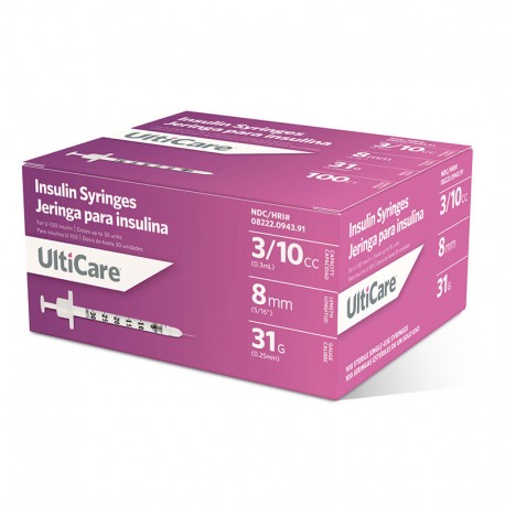 UltiCare Ulti-Thin II U-100 Insulin Syringes 31G 3/10cc 5/16" 100/bx- Diabetesteststripswholesale