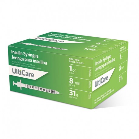 UltiCare II U-100 Insulin Syringes Short Needle 31G 1cc 5/16" 100/bx- Diabetesteststripswholesale