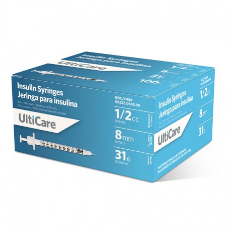 UltiCare U-100 Insulin Insulin Short Needle 31G 1/2cc 8mm 100 Count- Diabetesteststripswholesale