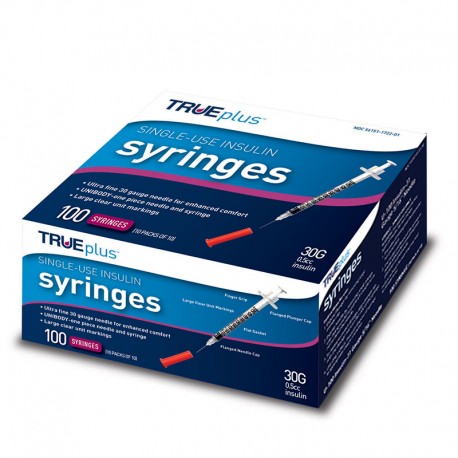 TRUEplus U-100 Insulin Syringes 30G 1/2cc 5/16" 100/box Case of 5- Diabetesteststripswholesale