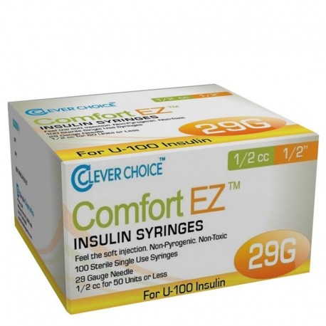 Clever Choice Comfort EZ Insulin Syringes 29G 1/2 cc 1/2" 100/bx - Case of 5- Diabetesteststripswholesale