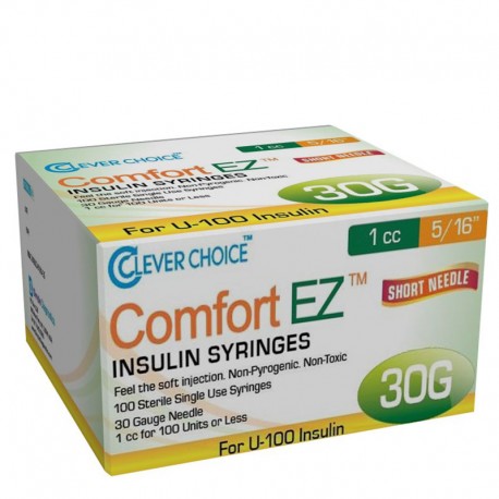 Clever Choice Comfort EZ Insulin Syringes 30G 1 cc 5/16" 100/bx - Case of 5- Diabetesteststripswholesale