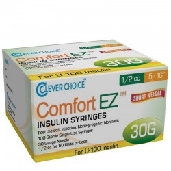 Clever Choice Comfort EZ Insulin Syringes 30G 1/2 cc 5/16" 100/bx - Case of 5