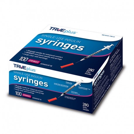 TRUEplus U-100 Insulin Syringes 28G 1/2cc 1/2" 100/box Case of 5- Diabetesteststripswholesale