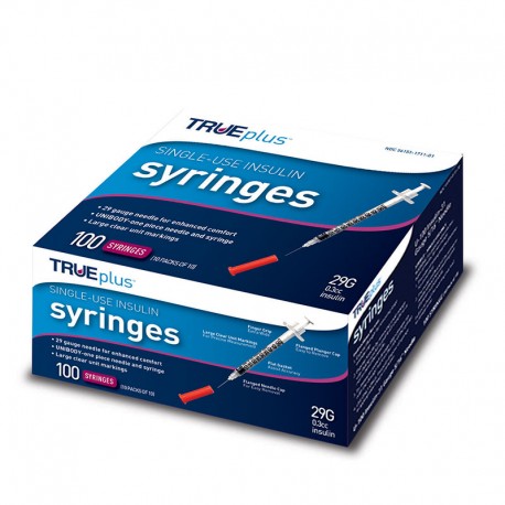 TRUEplus U-100 Insulin Syringes 29G 3/10cc 1/2" 100/box Case of 5- Diabetesteststripswholesale