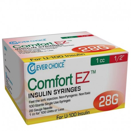 Clever Choice Comfort EZ Insulin Syringes 28G 1 cc 1/2" 100/bx - Case of 5- Diabetesteststripswholesale