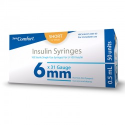 SureComfort U-100 Insulin Syringes 31 Gauge, 1/2cc, 1/4" - 100 Count