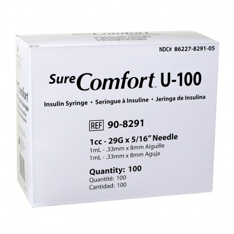 SureComfort U-100 Syringes 1cc, 29G, 5/16"- Blister Pack - Case of 5- Diabetesteststripswholesale