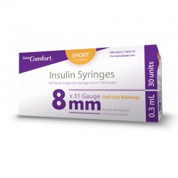 SureComfort U-100 Insulin Syringes 1/2 UNIT 31g 3/10cc 5/16in 100/bx Case of 5