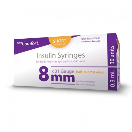 SureComfort U-100 Insulin Syringes 1/2 UNIT 31g 3/10cc 5/16in 100/bx Case of 5- Diabetesteststripswholesale